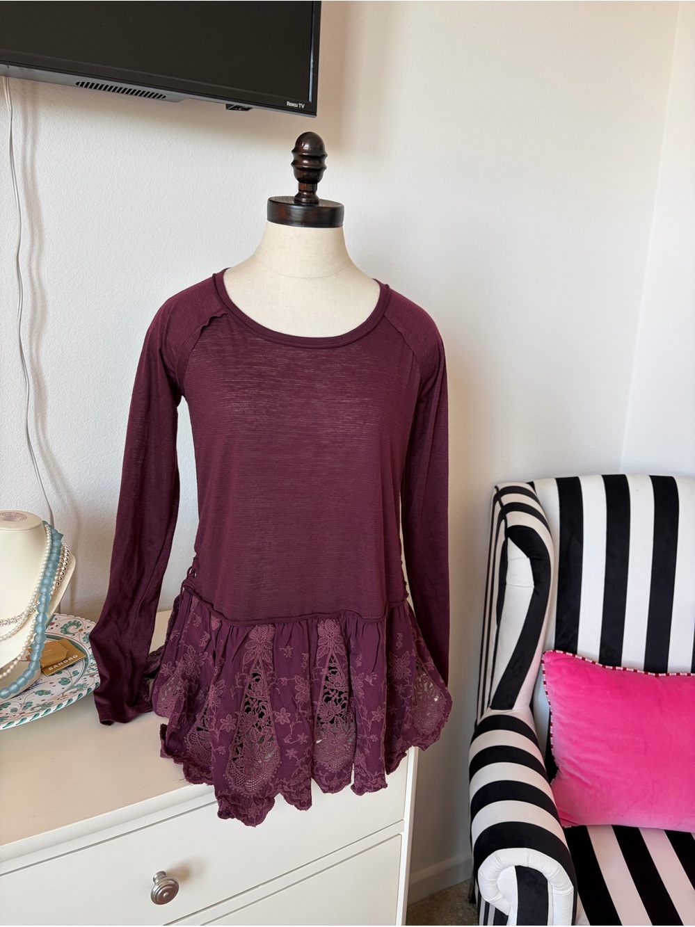 Burgundy embroidered tunic with lace bottom and sexy side lacing!